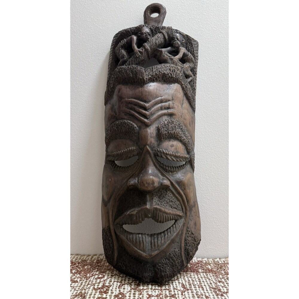 Vintage African Huge Solid Hand Carved Wood Tribal Wall Hanging Face Mask 30”.